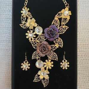 Unique Gold And Purple Statement Necklace And Matching Earrings Set